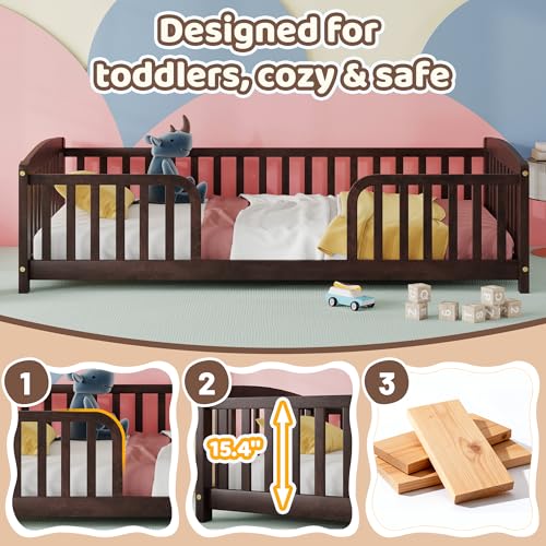 Image of Bellemave Twin Size Montessori Floor Bed Frame with High Fence, Solid Wood Kids Floor Bed with Central Entrance, Low Profile Bed for Boys & Girls, Rounded Corner Design,Espresso