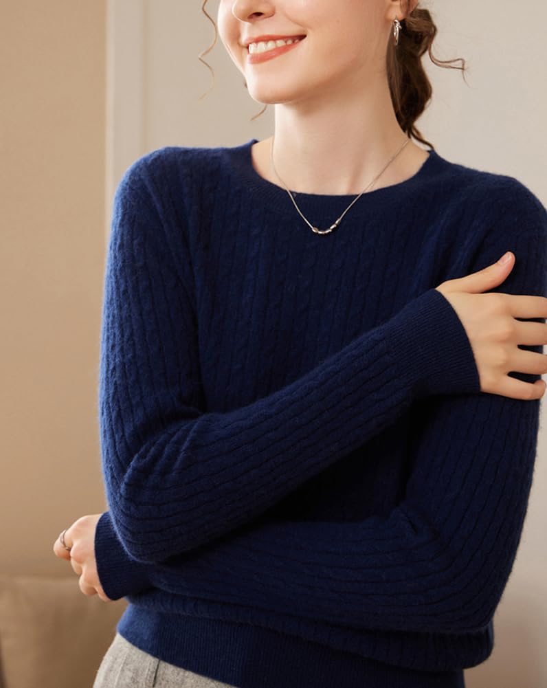 DISSA Pull Cachemire Femme Col Rond Torsades | mélange cachemire laine,col rond,torsades,épaules tombantes,bords côtelés,ourlet côtelé,toucher doux,tenue décontractée