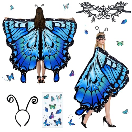 Déguisement De Papillon Pour Femme, Costume 4 Pièces Pour Adulte Avec Cape, Bandeau, Masque En Dentelle Et Autocollants Papillon. Idéal Pour Le Carnaval Et Les Fêtes...