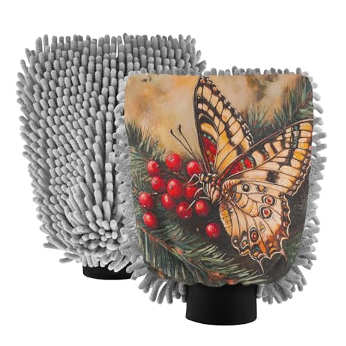 STAYTOP Retro Butterfly and Berry Car Wash Mitt Microfiber, 2Pcs Scratch Free Lint-Free, Premium Chenille Microfiber Mitt Car Wash Brush-M
