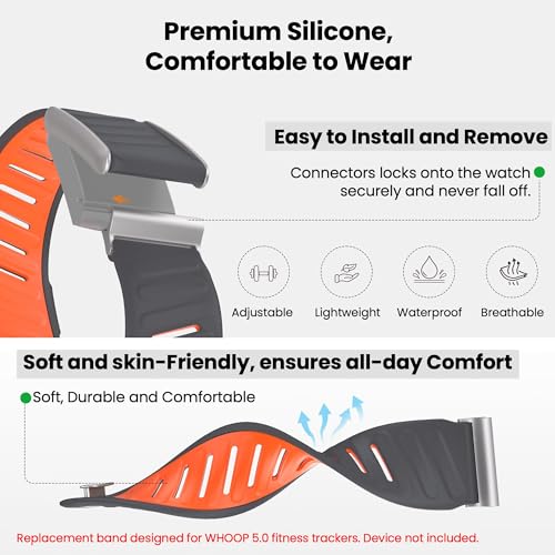 Image of VEMIGON Silicone Sport Band Compatible with Whoop 5.0 One /Peak, Life /MG, Breathable, Adjustable Waterproof Replacement Wristband Strap with Stainless Steel Frame Connector, NOT for Gen 4.0(Band only)