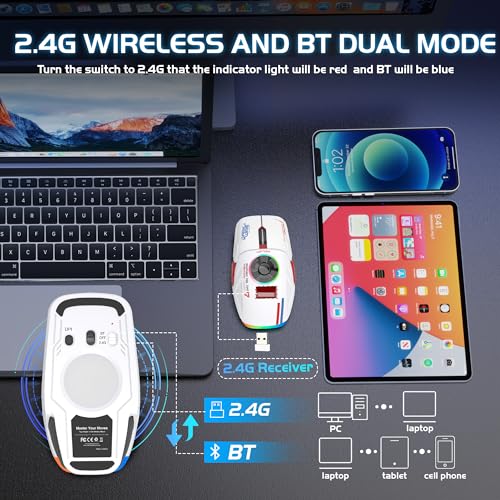 Image of Schkner RGB Wireless Gaming Mouse with 4 Adjustable DPI to 4800, Bluetooth and 2.4G Rechargeable Wireless Mouse with Side Buttons, Ergonomic Gamer Mice for PC, Laptop, Mac, Computer, White