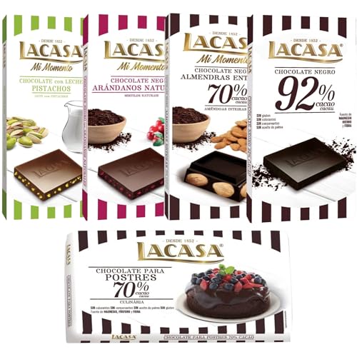 Pack Lacasa 5 deliciosas tabletas de chocolate de distintos sabores y tamaños: arandanos ,leche pistacho 90g ,cacao 92% ,culinaria200g, almendra 200g