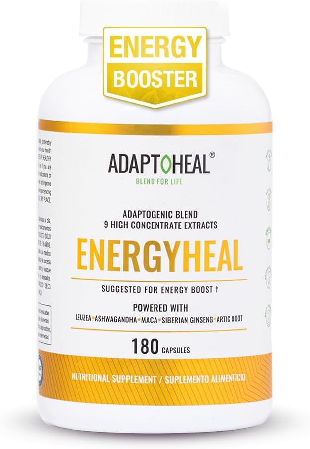 ADAPTOHEAL Adaptogen Leuzea, Ashwagandha, Rhodiola Rosea, Schisandra and Ginseng Complex – Energyheal Adaptogenic Energy Supplement for Natural Energy, Stress and Adrenal Support– 180 Capsules