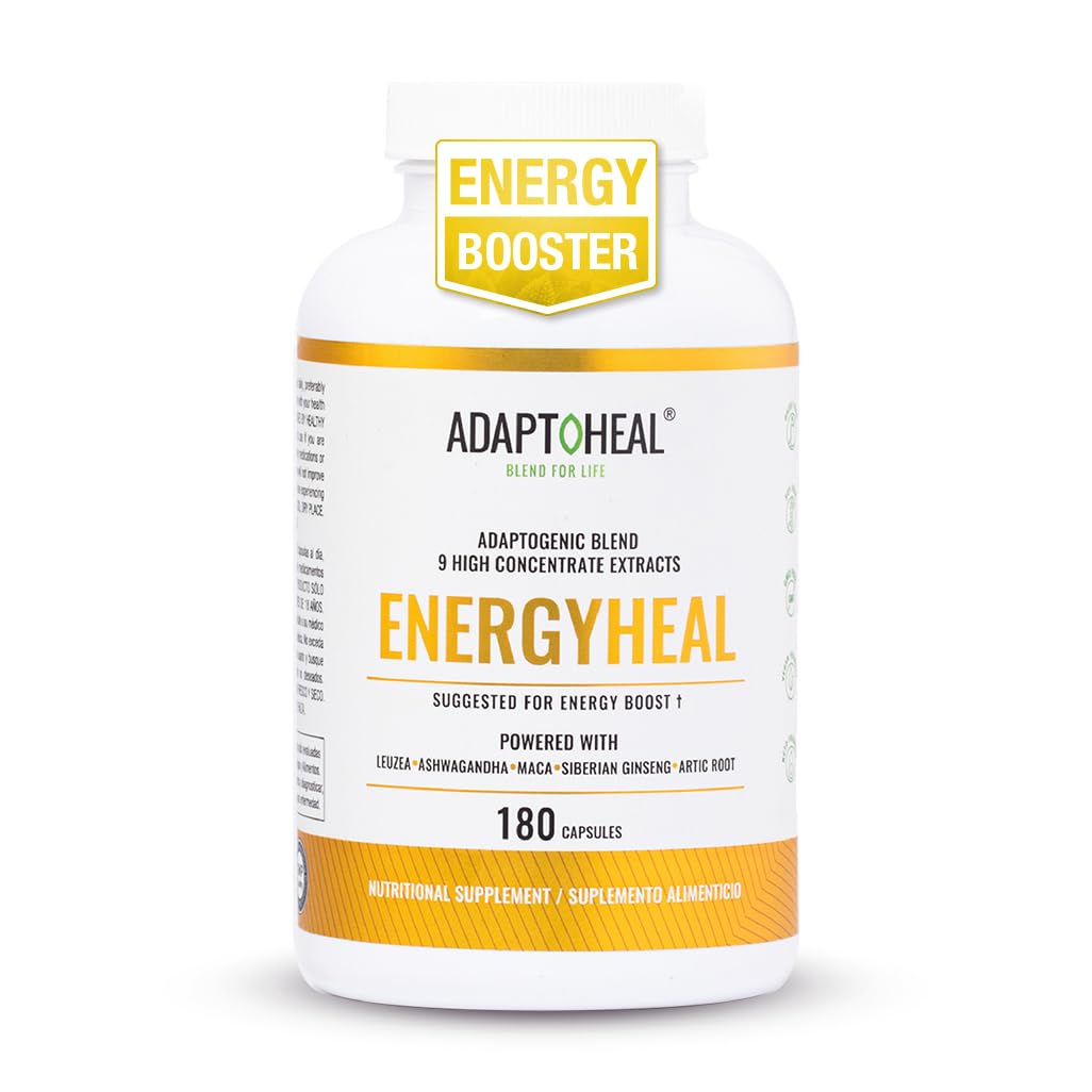 Adaptoheal Energy Supplements – Natural Adaptogen Pills for Women & Men – with Ashwagandha & Ginseng – Caffeine Free Energy, Stress Relief, Focus & Vitality Support – 180 Capsules