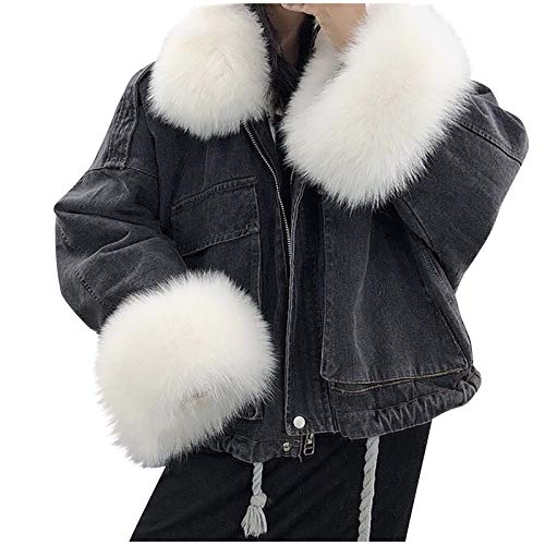 VEKDONE Women Sherpa Fleece Lined Denim Jacket with Furry Fur Removable Hood Winter Warm Oversize Parkas Coat Outwear(Y-White,Small)