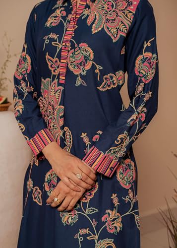 Image of Juniper Midnight Blue Floral Printed Viscose Kurta with Button Detailing