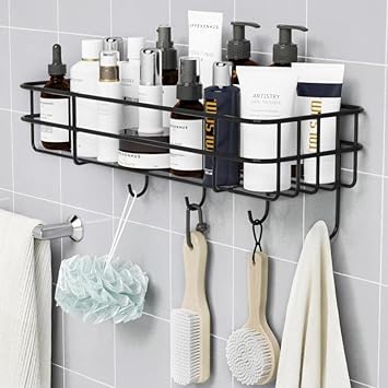 Decorlay Bathroom Shelves Kitchen Rack Multipurpose Rack and Shampoo Holder with 4 Hook - Adhesive Shower Caddy Metal Shelf Without Drilling | Color- Black