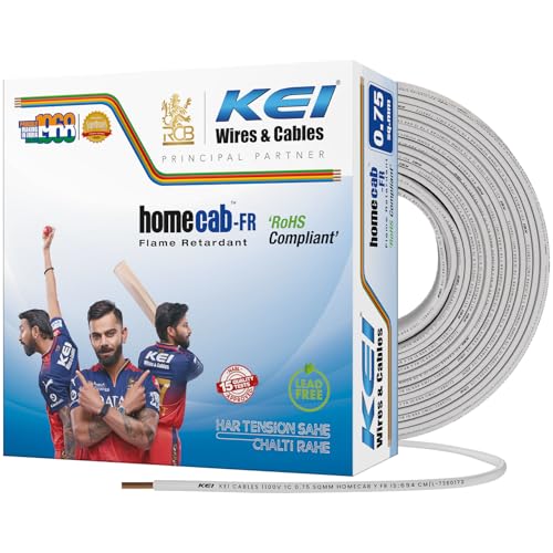 Image of KEI WIRES & CABLES Homecab 0.75 sqmm 1 Core Copper Flame Retardant House Wire PVC Insulated Cable for Domestic & Industrial Electrical Wiring (White, 90 Meters)