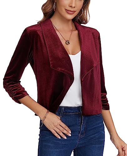MINTLIMIT Women's Casual Velvet Blazer Jackets 3/4 Ruched Sleeve Shawl Collar Draped Open Front Spring Short Velvet Blazers4