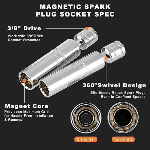 Image of AEROFORCE 14PCS 3 /8-Inch Drive Swivel Magnetic Spark Plug Socket Set with 3 /8 inch Torque Wrench (5-45 Lb.ft /6.8-61.2 Nm), Universal Joint & Extension Bar - Durable CR-V Steel for Easy Spark Plug Removal