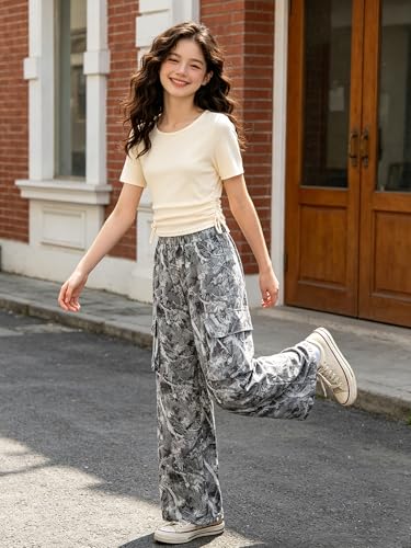 AMAWMW Girls Clothes Summer Outfits Short Sleeve Ruched T-Shirt Tops and Camo Cargo Pants 2Pcs Teen Clothing White 15-16Y — view 2