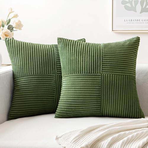 Image of MIULEE Moss Green Decorative Throw Pillow Covers 20x20 Inch for Couch Bed Sofa Pack of 2 Boho Farmhouse Throw Pillows Soft Cross Corduroy Patchwork Textured Cushion Cases