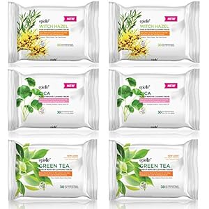 Epielle Makeup Remover Wipes, Remove Dirt, Oil, Waterproof Mascara, Gentle Daily Facial Cleanser Towelettes with Witch Hazel, Cica & Green Tea, Hypoallergenic & Alcohol-Free, 30 Count (Pack of 6)