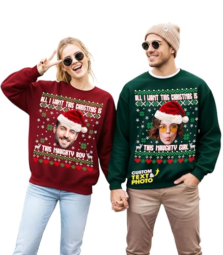 H-DEWALL Custom Sweatshirts Customized Gifts for Christmas Party for Boyfriend and Girlfriend Custom Hoodies Matching Couples Sweater Christmas Shirts for Women Cat Picture