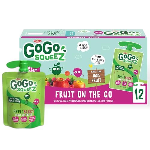 GoGo squeeZ Fruit on the Go, Apple Berry, 3.2 oz (Pack of 12), Unsweetened Fruit Snacks for Kids, Gluten Free, Nut Free and Dairy Free, Recloseable Cap, BPA Free Pouches