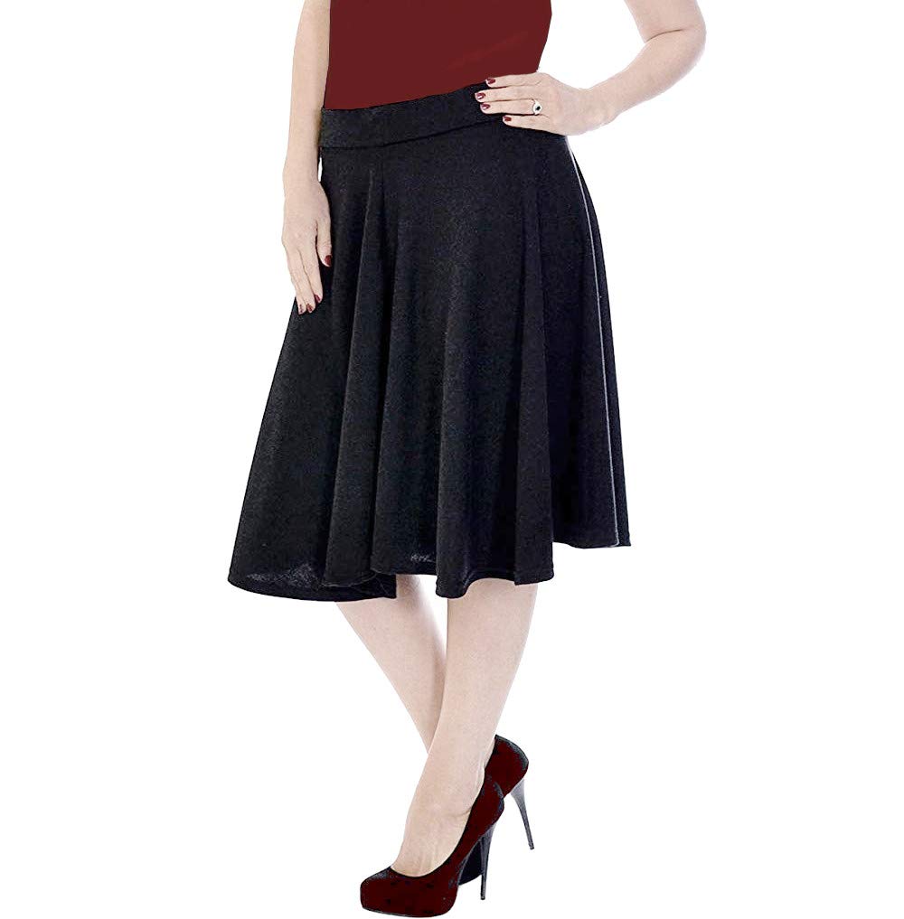 Elum®Women Plain Midi Skirt Elasticated Waistband Soft Stretch Swing Skater Midi Skirt (UK 16/18, Black)