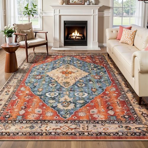 SERISSA Washable Rugs 6x9 Area Rugs, Large Non-Slip Boho Living Room Rug, Ultra Soft Vintage Print Distressed Oriental Tribal Farmhouse Carpet for Dining Room Bedroom Dorm Office Home Decor