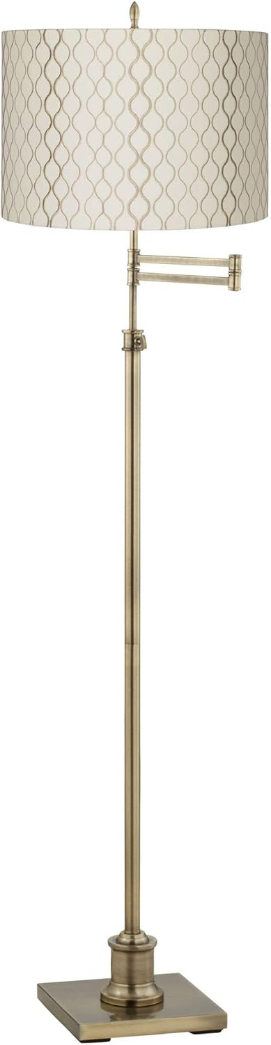 360 Lighting Westbury Swing Arm Floor Lamp Adjustable Height Standing 70" Tall Antique Brass Off White Embroidered Hourglass Fabric Drum Shade Decor for Living Room Reading House Bedroom