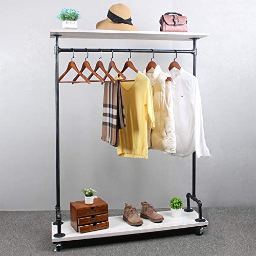 TOKIKA Industrial Pipe Clothing Rack on Wheels,Heavy Duty Garment Racks with Shelves,Commercial Grade Clothing Racks,Vintage Steampunk Clothes Rack ,Clothing Display Rack with Wood Shelf