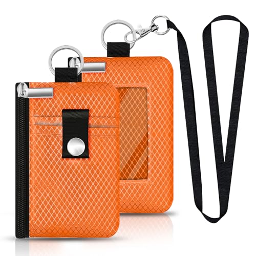 Image of Minimalist RFID Blocking Small Wallet with ID Window,WaterResistant Zip Id Case Wallet with Lanyard Keychain for Cards,Cash,Travel,Women,Men (Orange)