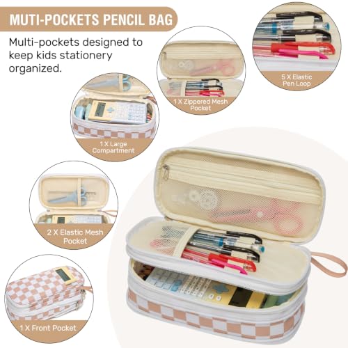Image of Cute Checkered Pencil Case for Girls Boys,Large Checkerboard Pencil Pouch with Foldable Zipper Compartment&Multi-Pockets,Big Capacity Kids Stationery Bag Aesthetic Pen Box For School Office