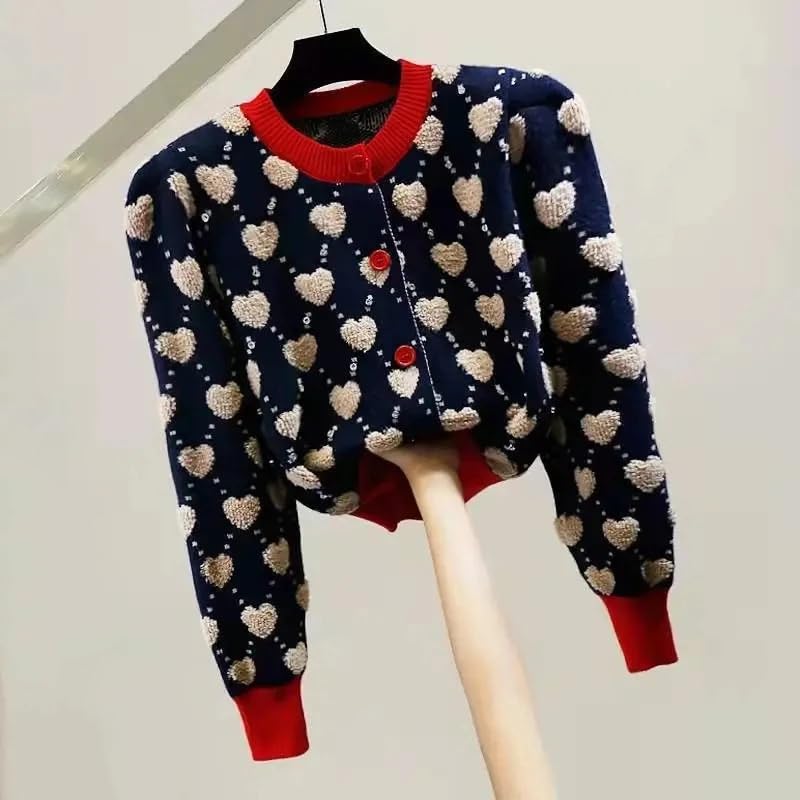 Damski sweter z dzianiny w kratę z okrągłym dekoltem, kardigany vintage, jednorzędowy, krótki kardigan