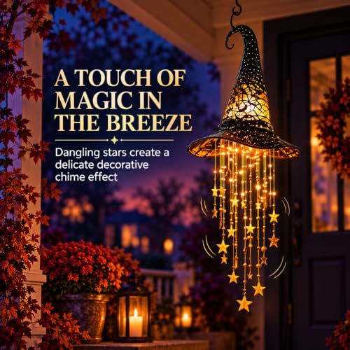 Halloween Witch Hat Hanging Decor Light, Battery Operated Lighted Witch Hat with Warm Glow, Hollow Cutout Design, Cascading Star Tassels and Wind Chime Effect for Indoor Porch Party Home Decorations - image 4