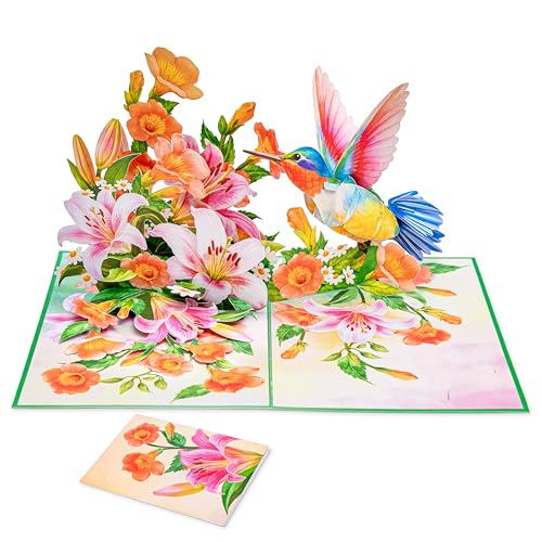 Image of POPWOW Trumpet Vine Hummingbird Pop Up Card, 3D Popup Greeting Card, Gift For Mothers Day, Birthday, Valentines Day, Anniversary, Mom, Wife, Grandma, Her, 5x7 - Includes Envelope And Message Note
