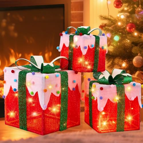 ALHAKIN Christmas Lighted Gift Boxes Set of 3 LED Light Up Present Boxes with Green Bows and Colorful Plush Balls Outdoor Christmas Decorations Ornaments for Xmas Tree Holiday Home Party Decor