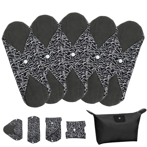 LIVEHITOP - Servilletas higiénicas lavables – Menstruel paño reutilizable orgánico de bambú carbón para dormir – Juego de 5 l con bolsa, regalo de San Valentín para mujeres