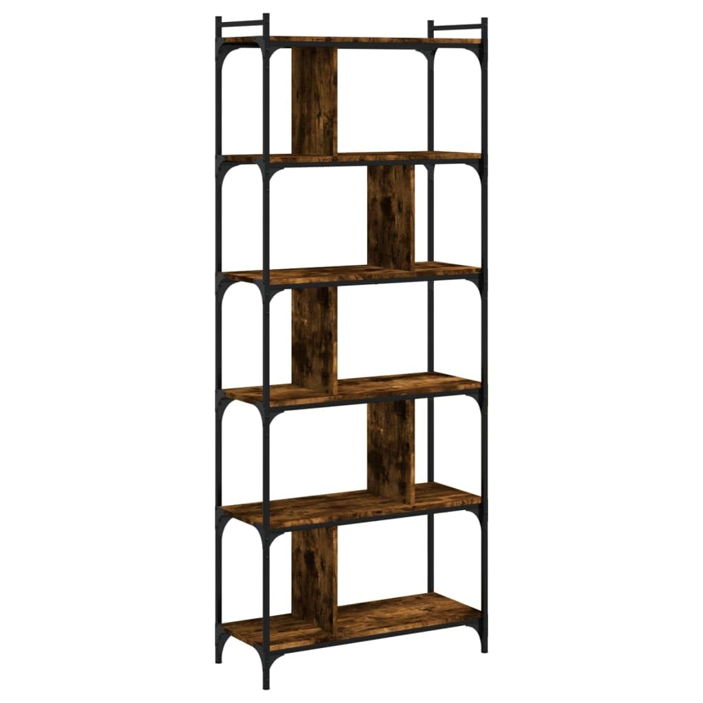 Générique Regał na książki z 6 poziomami wędzonego dębu 76 x 32 x 192 cm z metalową ramą, przestronną półką na książki i regulowanymi nogami do nierównej podłogi