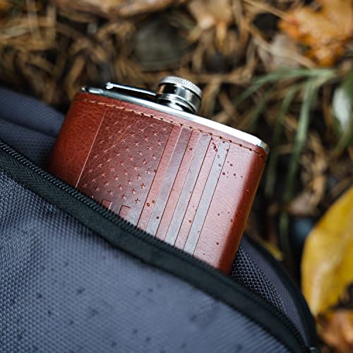 American Flag Flask - 8 Oz Premium Soft Touch Leather Wrap | 304 Highest Food Grade Stainless Steel | Leak Proof Slim Hip Flasks | Classic American Flag Design | Bonus Funnel #TOP7