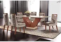 Conjunto Sala de Jantar Mesa com Tampo de Vidro Safira 6 Cadeiras Atena Lj Móveis Castanho Premio/Off White/Pena Bege