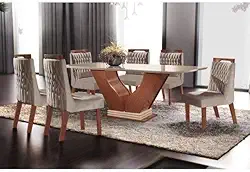 Conjunto Sala de Jantar Mesa com Tampo de Vidro Safira 6 Cadeiras Atena Lj Móveis Castanho Premio/Off White/Pena Bege