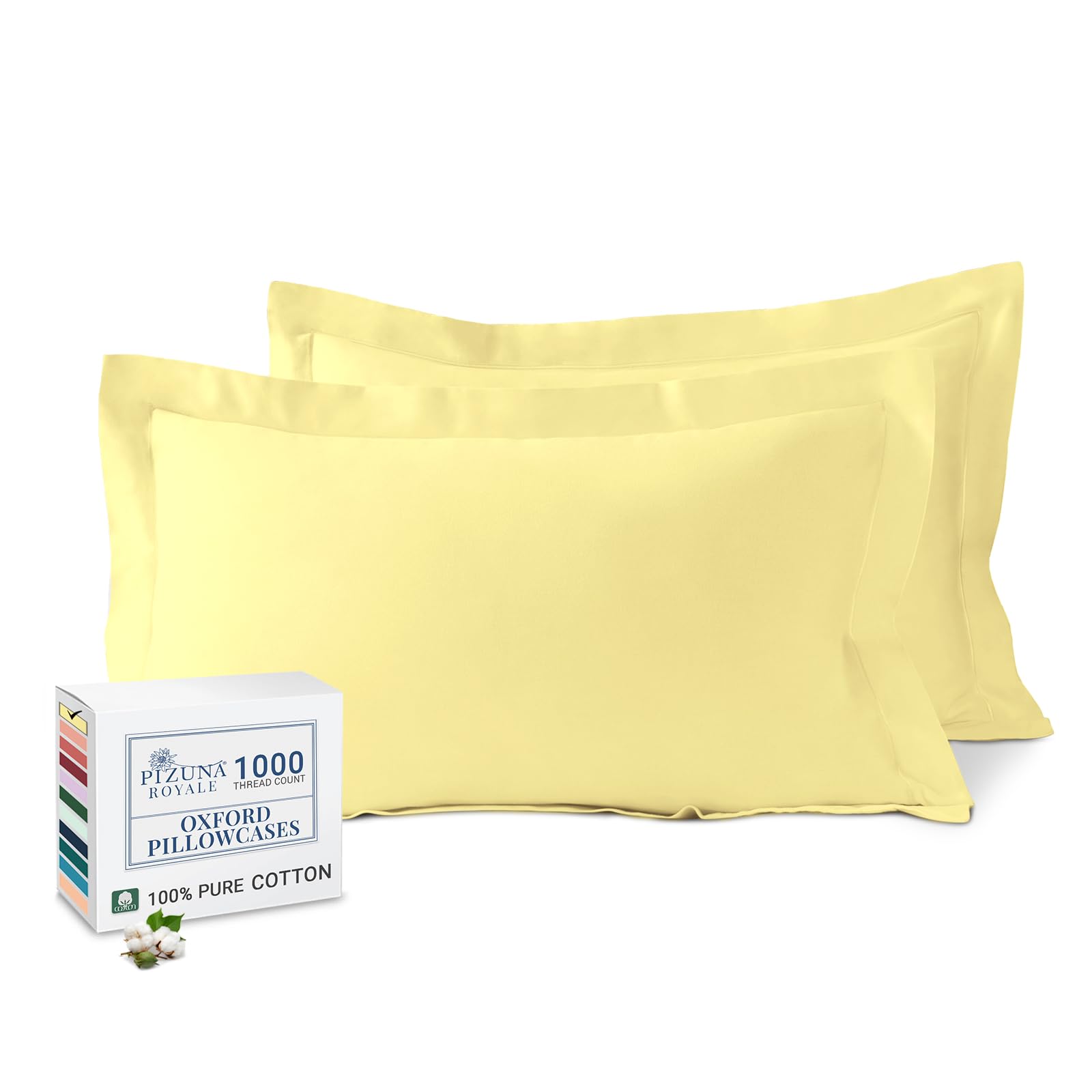 Pizuna Mellow Yellow Luxurios Cotton King Size Oxford Pillowcases 2 Pack 50X90cm, 1000 Thread Count Long Staple Combed Cotton Thick Pillow Cover, Soft Sateen King Pillow Cases (Cooling Pillowcase)