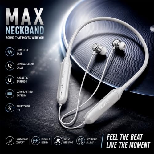 Image of Kratos Gray Bluetooth Neckband with 55H Playtime, Deep Bass, Stereo Sound, HD Calls, Magnetic Earbuds, Voice Assistant, Type-C Fast Charging, Rich Audio, Hollow Switch for Comfort & Style