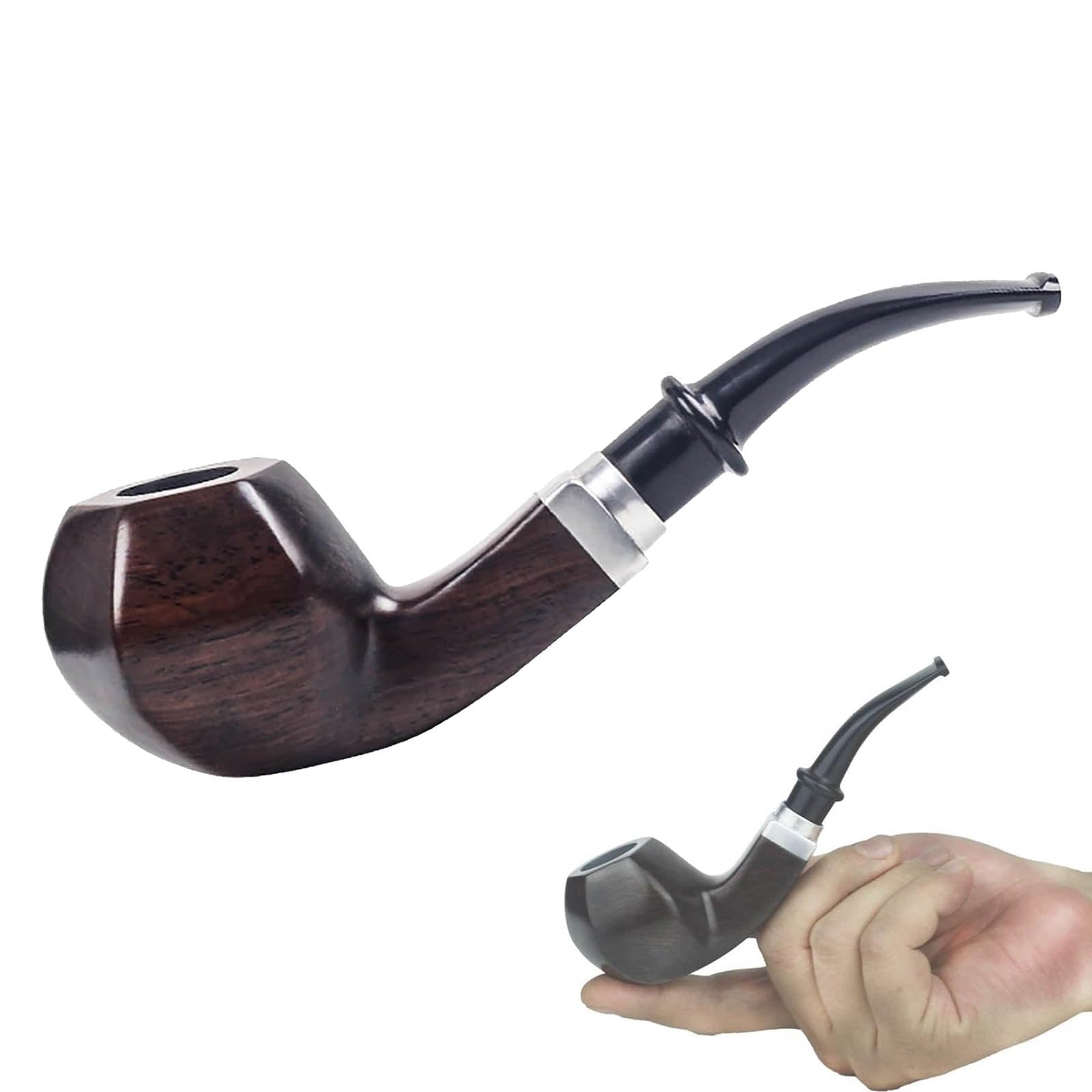 HGTRH Tobacco Pipe, Wooden Smoking Pipe Hexagonal Shape Handcrafted from Ebony Fits 9mm Filter Removable Portable Ebony Tobacco Pipes Classic Bent Tobacco