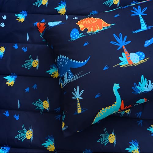 Image of david's kids 4 Piece Toddler Bedding Set - Soft Breathable Toddler Bedding Set for Boys Girls, Includes Quilted Comforter, Flat Sheet, Fitted Sheet and Pillowcase, Dinosaur Navy