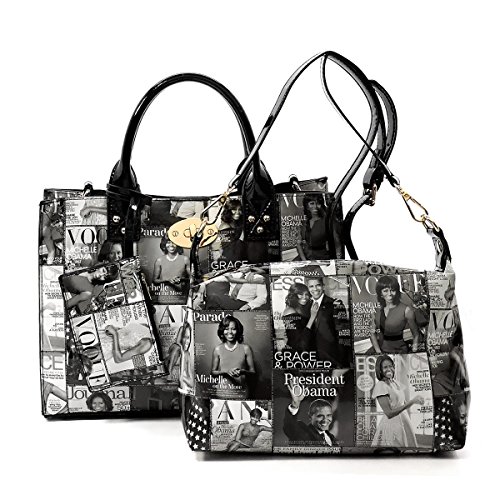 AMY&JOEY Glossy magazine cover collage crossbody bag purses Michelle Obama mini handbag (GREY/BLACK)