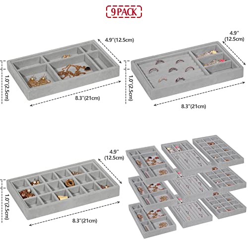 Diommell Set Of 9 Stackable Velvet Jewelry Trays Organizer, Jewelry Storage Box Display Trays Showcase Holder Closet Dresser Drawer Organizer For Earring Necklace Bracelet Ring Accessary #TOP1