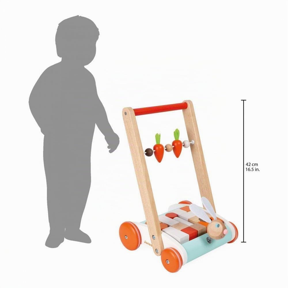 Janod - Carrello Janod Coniglio - Carrello Primi Passi in Legno a Spinta - Testa di Coniglio Su Molla, Carote Su Pallottoliere - con 19 Cubi di Legno - Giocattolo per Bambini da 1 Anno, J8251