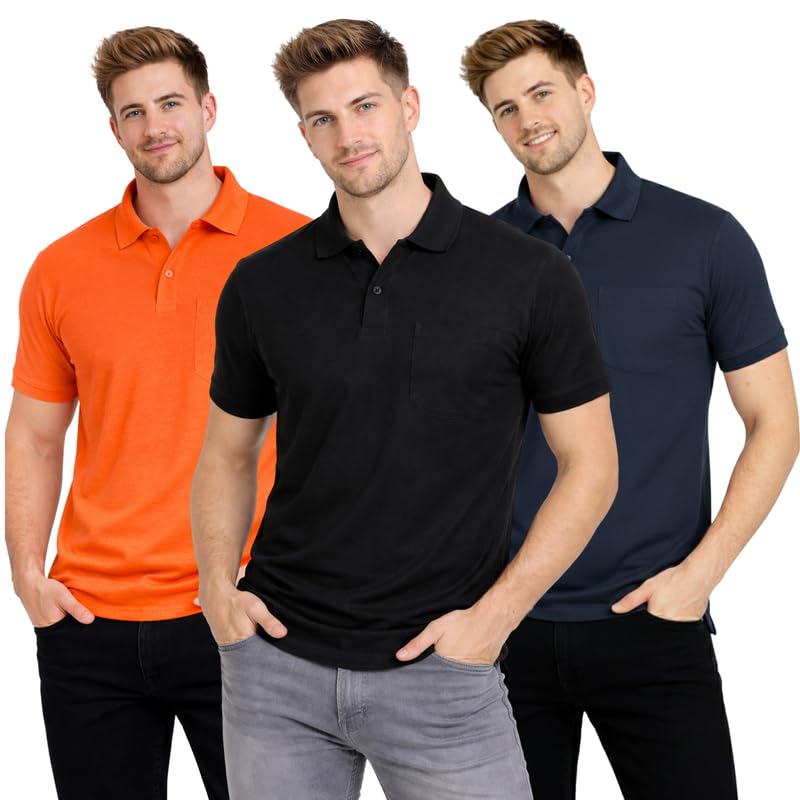 Image of SMAN Polo Neck T-Shirt Pack of 3 for Men & Boys | Half Sleeve Collar Tee with Pocket | Premium Spun Matty Fabric | Casual & Office Wear | Sizes M to 2XL | FX PO3 MCR BLK NVY