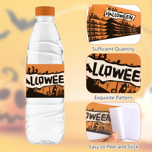 URROMA 50 Pcs Halloween Water Bottle Labels,Retro Style Pumpkin Colour Stickers Drinks Wrappers for Halloween Party Favors Decor Supplies - Image 3