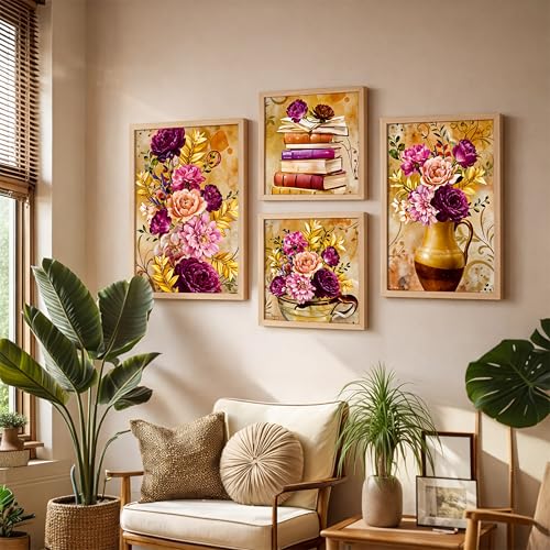 Image of NoWorries Wall Art Framed Paintings Set of 4 | Floral Bouquet, Books and Vase Prints with frames | Vintage Rustic Farmhouse Decor for Living Room, Bedroom, Office | Modern Art Wall Decorations