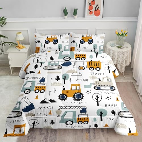 Smell Sunshine Cartoon Car Comforter Set Kids Construction Printed Bedding Set with 1 Comforter and 2 Pillowcases for Boys and Girls Bedroom All Season(Car Twin)