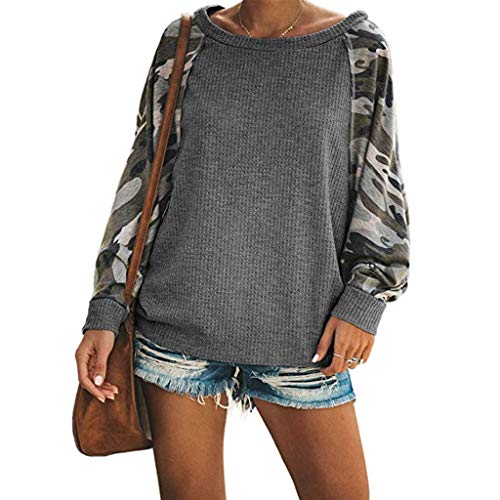 Camisa Mujer Moda Impreso Casual Manga Larga Cuello Redondo Sudaderas Suelto Blusa Camouflage Jersey Shirt Otoño Verano Playa y Fiesta Talla Grande Hoodie riou