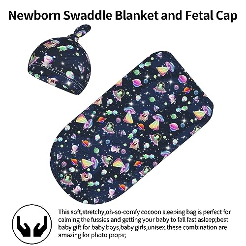 Image of Cartoon Space Newborn Swaddle Blanket with Hat Sets Newborn Receiving Blanket for Boy Girl Swaddle Sack Shower Infant Gift