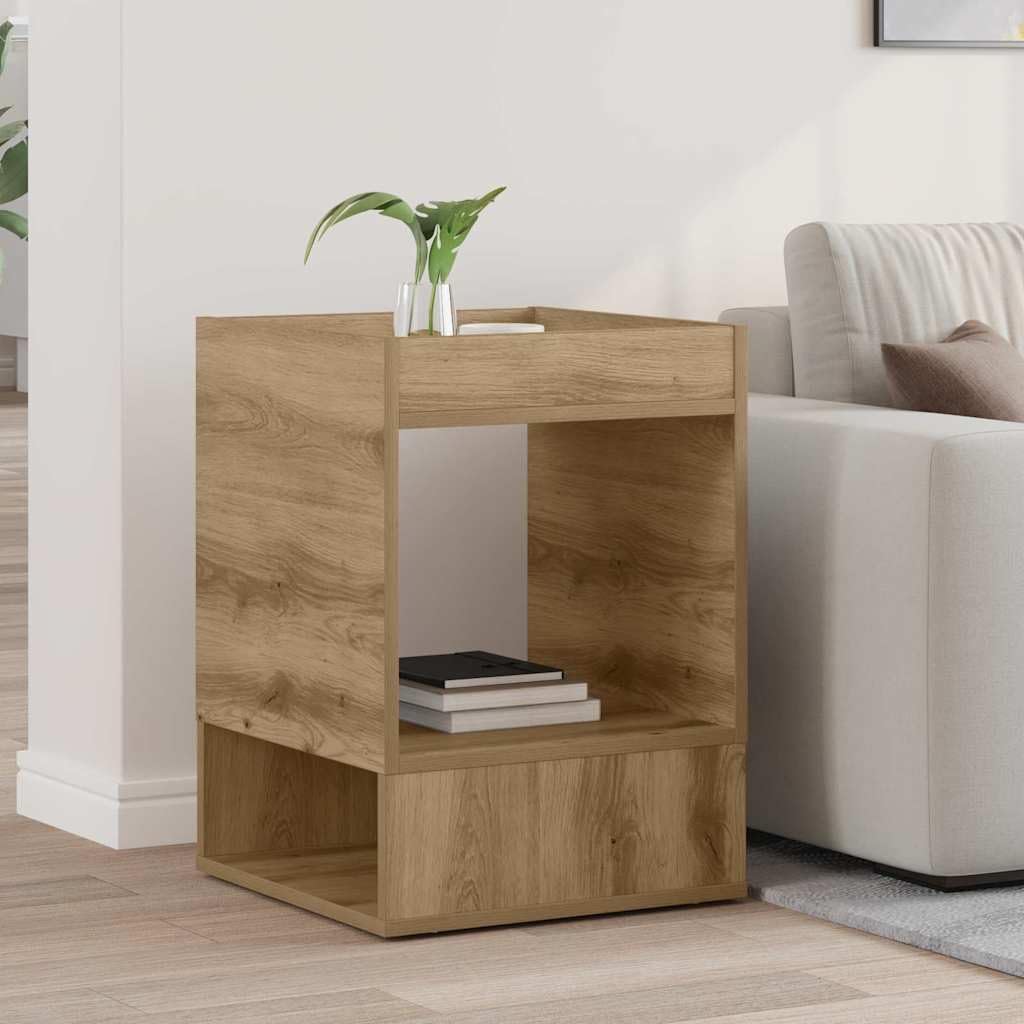 Table d'appoint en chêne artisanal 40x40x56 cm avec rangement pour salon Mangloder