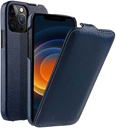 Étui de téléphone vertical en cuir véritable iPhone 13 Pro Max bleu 6.7